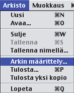 Mac OS 9 Valitse [Arkin määrittely] [Arkisto]-valikosta. 1 2 (1) Valitse paperiasetukset. (1) Varmista, että oikea tulostin on valittu. (2) Valitse paperiasetukset.