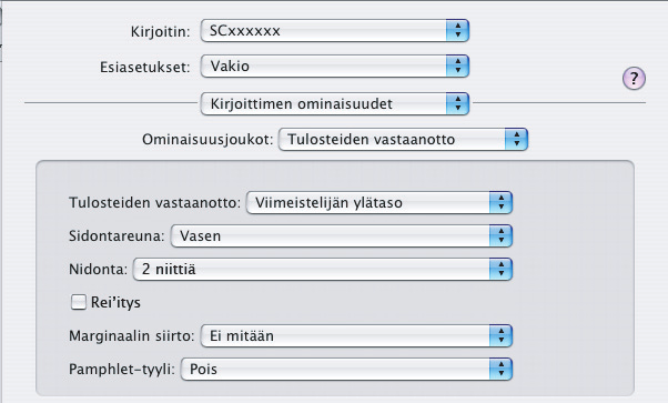 Macintosh Mac OS X (1) (2) (3) (1) Valitse [Kirjoittimen ominaisuudet]. (2) Valitse "Sidontareuna". (3) Valitse joko nidonta- tai rei'itystoiminto.  Mac OS X v10.1.5:ssa ei voi valita sidontareunaa.