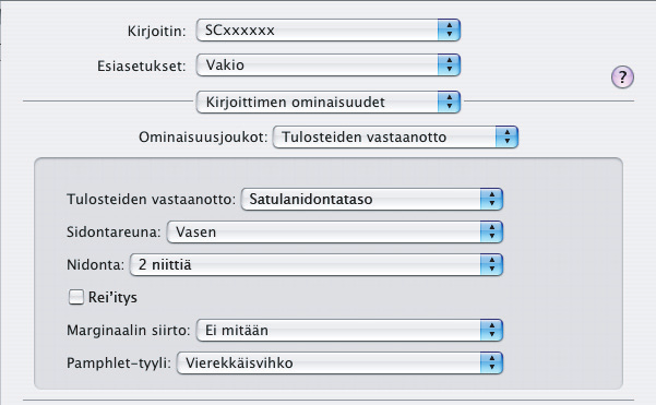Macintosh Mac OS X (Tätä toimintoa ei voi käyttää Mac OS X v10.1.5:ssa.) (1) (2) (1) Valitse [Kirjoittimen ominaisuudet]. (2) Valitse "Sidontareuna".