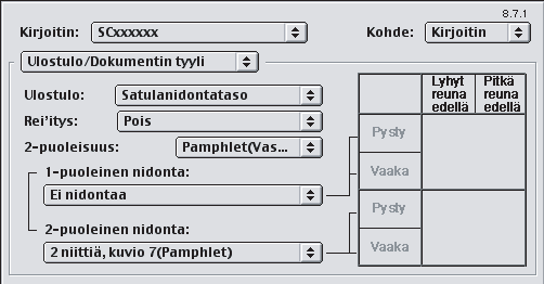 (3) Mac OS 9 (1) (2) (1) Valitse [Ulostulo/Dokumentin tyyli]. (2) Valitse [Pamphlet(Vasen)] tai [Vihko(Oikea)].