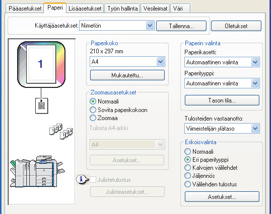 TULOSTUSTOIMINNOT ERIKOISTARKOITUKSIIN MÄÄRITETTYJEN SIVUJEN TULOSTUS ERI PAPERILLE (Eri paperityyppi) Toiminnon käyttö Windows-ympäristössä Asiakirjan etu- ja takakansi sekä määritetyt sivut voidaan