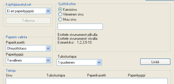 Voit myös lisätä paperia välisivuina tulostamatta niille. Toiminnon käyttö Macintosh-ympäristössä Etukansi voidaan tulostaa käyttämällä paperia, joka eroaa muista papereista.