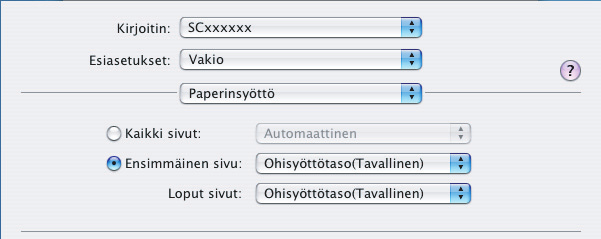 Macintosh Mac OS X (1) (2) (1) Valitse [Paperinsyöttö]. (2) Valitse kannen lisäysasetukset.