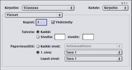 paperitaso tai -tyyppi kohdasta "Loput sivut". Mac OS 9 (1) (2) (1) Valitse [Yleiset]. (2) Valitse kannen lisäysasetukset.