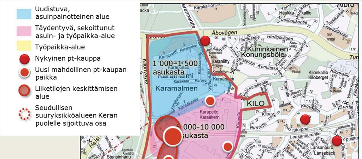 KAUPAN TOIMINTOJEN TAVOITTEELLINEN SIJOITTUMINEN KERAAN / VAIKUTUKSET: KEHITYSSKENAARIOT: - Minimi: Paikalliskeskus, jossa pystyy tekemään päivittäiset ostokset ja asioinnit, mutta