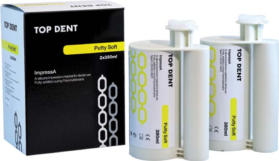 Putty Soft Top Dent Putty Soft on lämmössä aktivoituva, tarttumaton helposti käsiteltävä materiaali. Käytetään lusikkamateriaalina yksi- ja kaksivaiheisissa jäljennöstenotoissa.