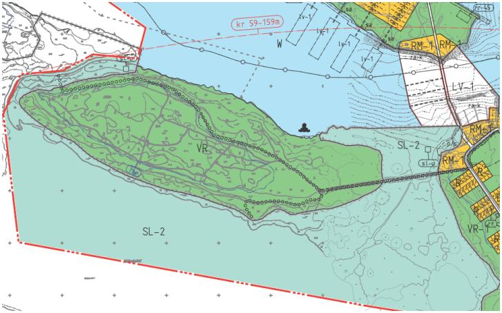 17 Kuva 5. Akionsaaren ohjeellinen retkeilyreitti (palloviiva). SL-2 = Akionlahden Natura-alue, VR = retkeilyja ulkoilualue, sl-u = uhanalainen kasvilaji (ote kaavaluonnoksesta). 7.3.