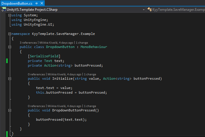 23 KUVA 7. Kuvakaappaus DropdownButton-skriptistä (Microsoft Visual Studio Ultimate 2013 2015). 3.2.5 Sovelluskehyksen ylläpitäjä Hyvä tapa hallita sovelluskehystä on nimetä sille ylläpitäjä, joka