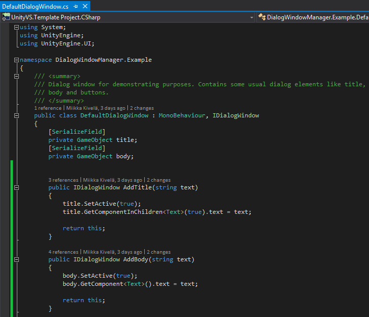 38 KUVA 16. Kuvakaappaus osasta DefaultDialogWindow-luokan toteutusta (Microsoft Visual Studio Ultimate 2013 2015). Järjestelmässä on tarkoitus rakentaa dialogi-ikkuna pala kerrallaan.