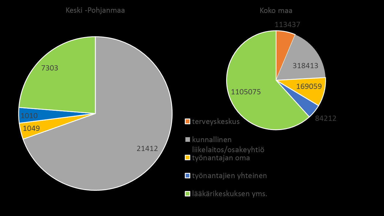 Tuottajaryhmittäin sairaanhoito jakaantuu työterveyshuoltosopimusten suhteessa (alempi kuva).