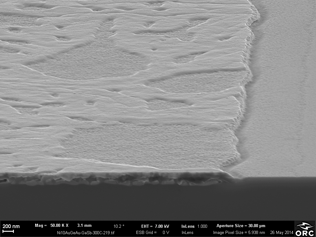 4. Tulokset 34 Ge/Au/Ni (17/50/10) 1 µm GaSb Ni/Au/Ge/Au (10/5/17/50) 1 µm GaSb Kuva 4.5. Metallikerrosten ja rjestyksen vaikutus kontaktin pintaan. Kuvan kontaktit on ka sitelty 300 C la mpo tilassa.
