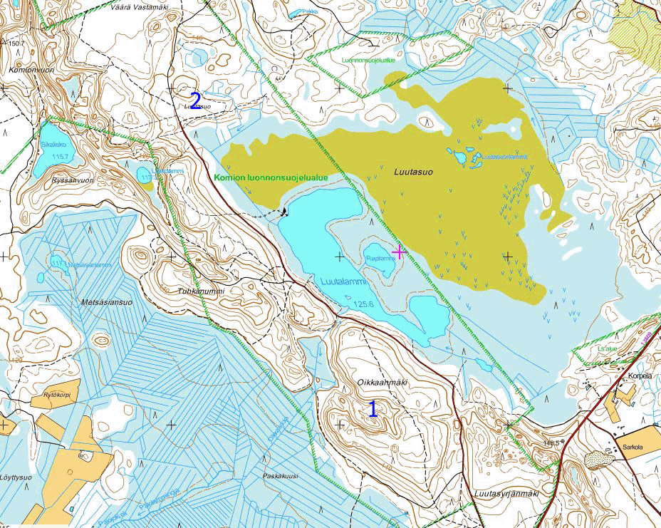 Kartta 2. Komion nivelkärsäiskartoitusten kohteet. 1. Oikkaanmäki 2. Luutasuon laidun Paahde Life-hankkeen selkärangatonkartoitukset tehtiin maastokaudella 2014-2015.