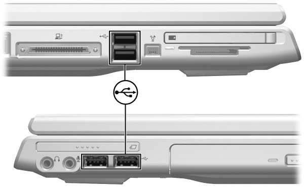 Tietokoneessasi on neljä standardin mukaista USB-porttia, jotka tukevat USB 2.0- ja USB 1.1-laitteita.