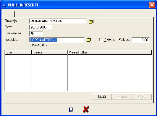 _ Palkkio kenttään voidaan merkitä puhelinreseptistä saatu palkkio.