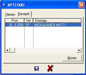 Apteekit Apteekit valikosta saadaan esille ohjelmaan tallennettu apteekkitietokanta. Apteekkien tietoja voidaan lisätä, poistaa ja muuttaa ohjelmalle tyypilliseen tapaan.