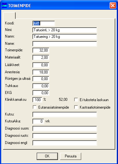 Usemmiten hinnastoon ei tarvitse lisätä uusia toimenpiteitä, sillä ohjelman luettelo sisältää jo valmiiksi useimmat eläinklinikoiden toimenpiteet.