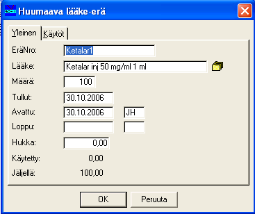 _ Huume-erän tietoihin kuuluu ensimmäisenä EräNro, joka on vapaasti määritelty huume-erän eränumero, esimerkiksi Ketalar 1 tai L-Pola 1.