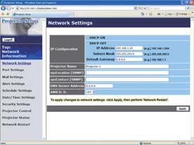 3. Verkkotoiminnot Kohta DHCP ON DHCP OFF IP Address Subnet Mask Default Gateway Projector Name syslocation (SNMP) syslocation (SNMP) DNS Server Address