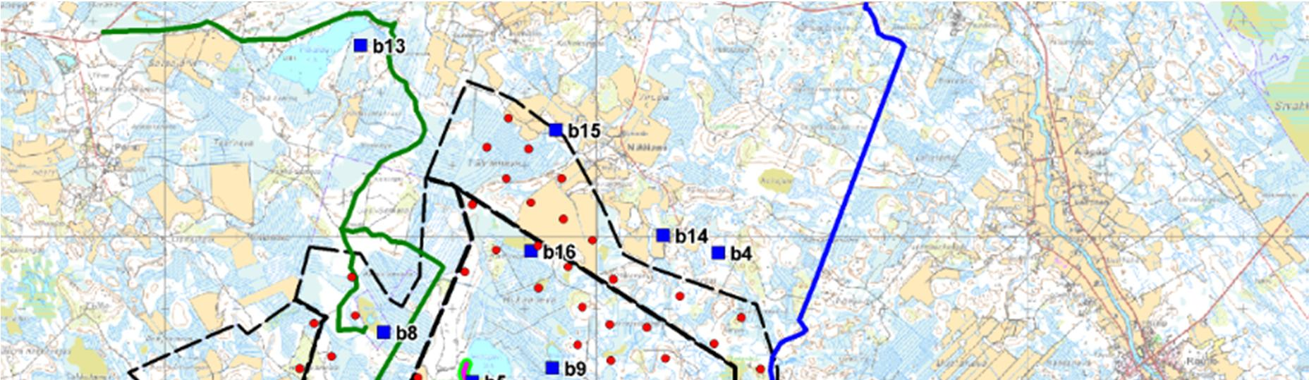6 Kuva 5. Aktiivikierrosten reitit sekä havainnot suhteessa tuulivoimaloiden (punainen piste) sijainteihin Passiivilaitteet rekisteröivät maastokauden aikana kaikkiaan 2048 lepakkohavaintoa.