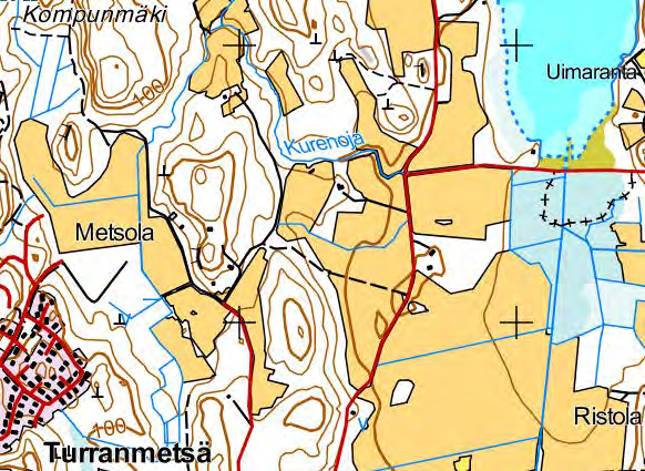 Kurenojan valuma alue. Kurenoja on pelto ojia lukuun ottamatta metsäosuuksilla luonnontilainen, arvokas puro, minkä alajuoksulla sijaitsee mm.