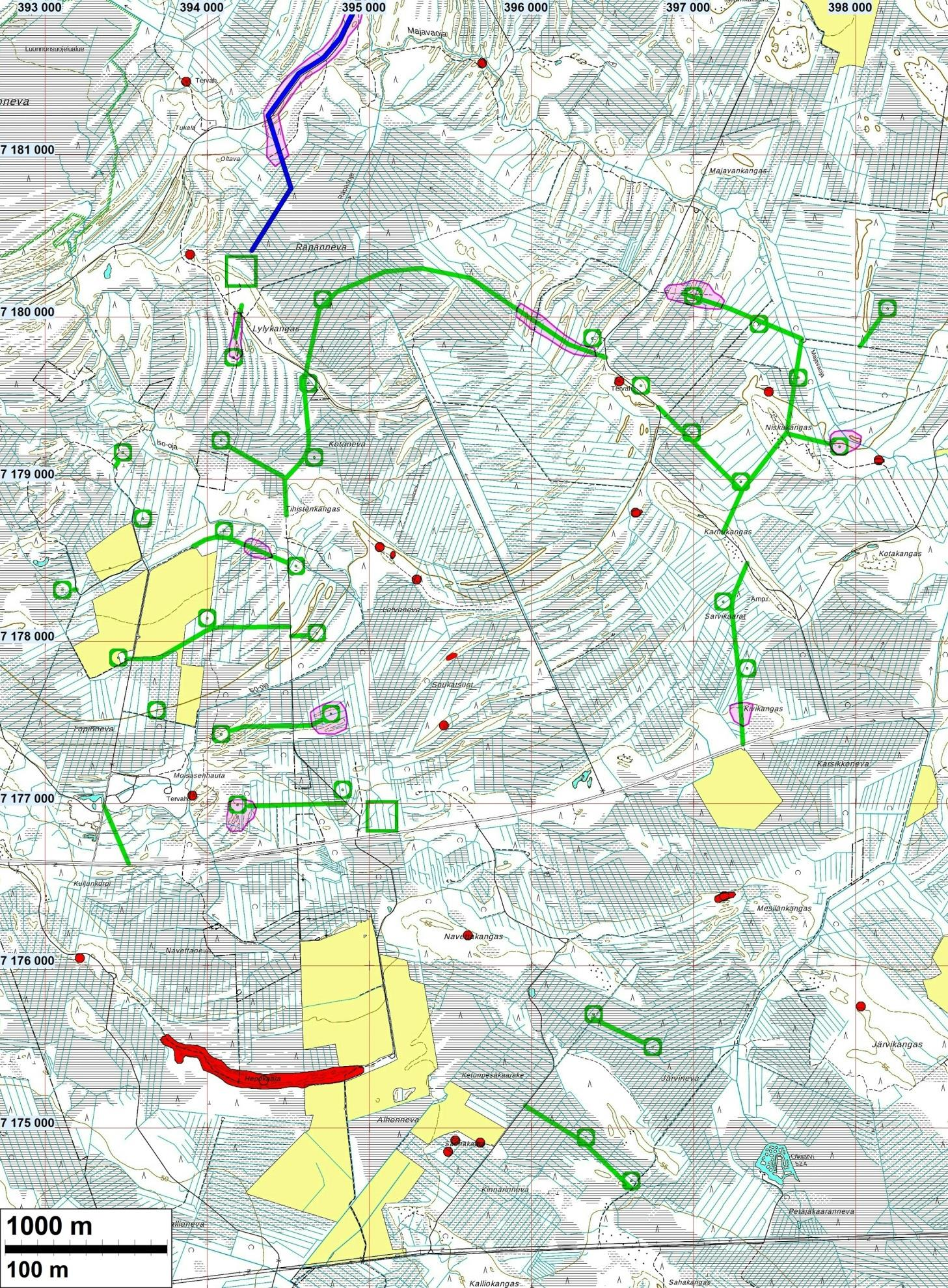 V. 2016 maastossa tarkastetut alueet sinipunaisella.