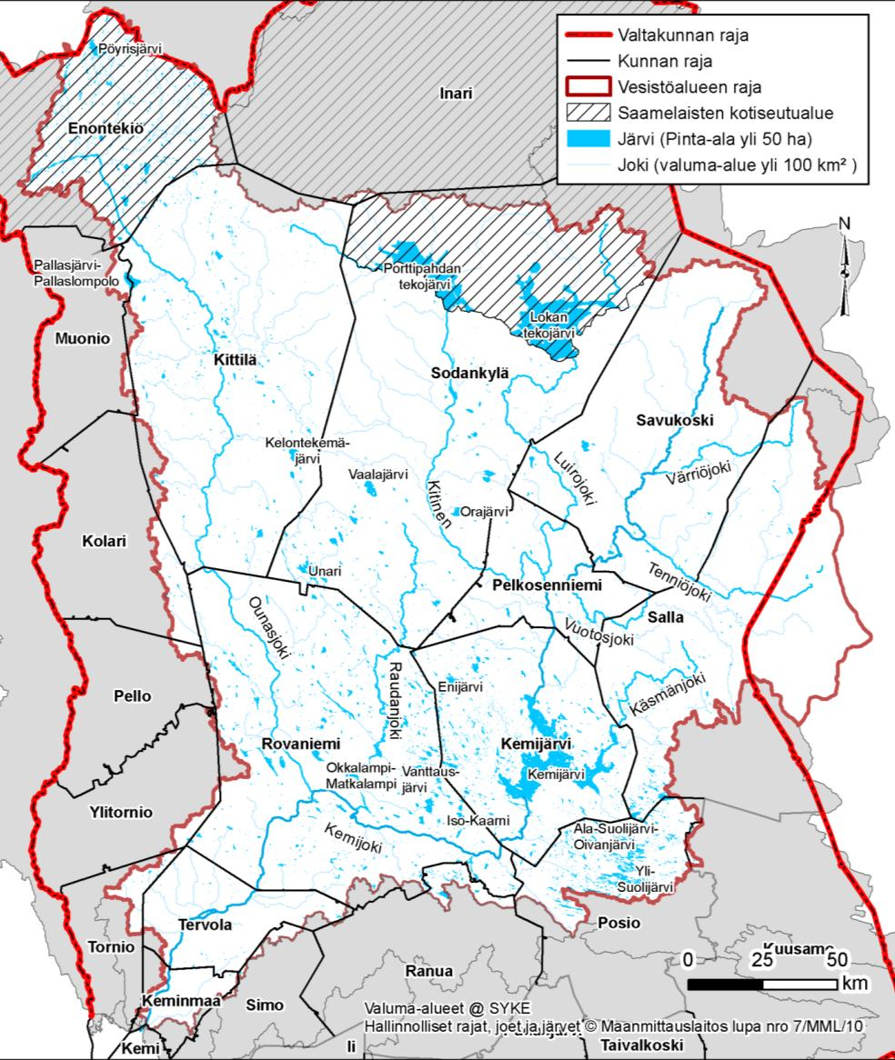 4 Alueen kuvaus 4.1 Vesistöalueen kuvaus Kemijoen vesistöalue on Lapin suurin ja koko Suomen toiseksi suurin vesistöalue. Vesistöalueen pinta-ala on 51 127 km², mistä Suomen puolella on 49 467 km².