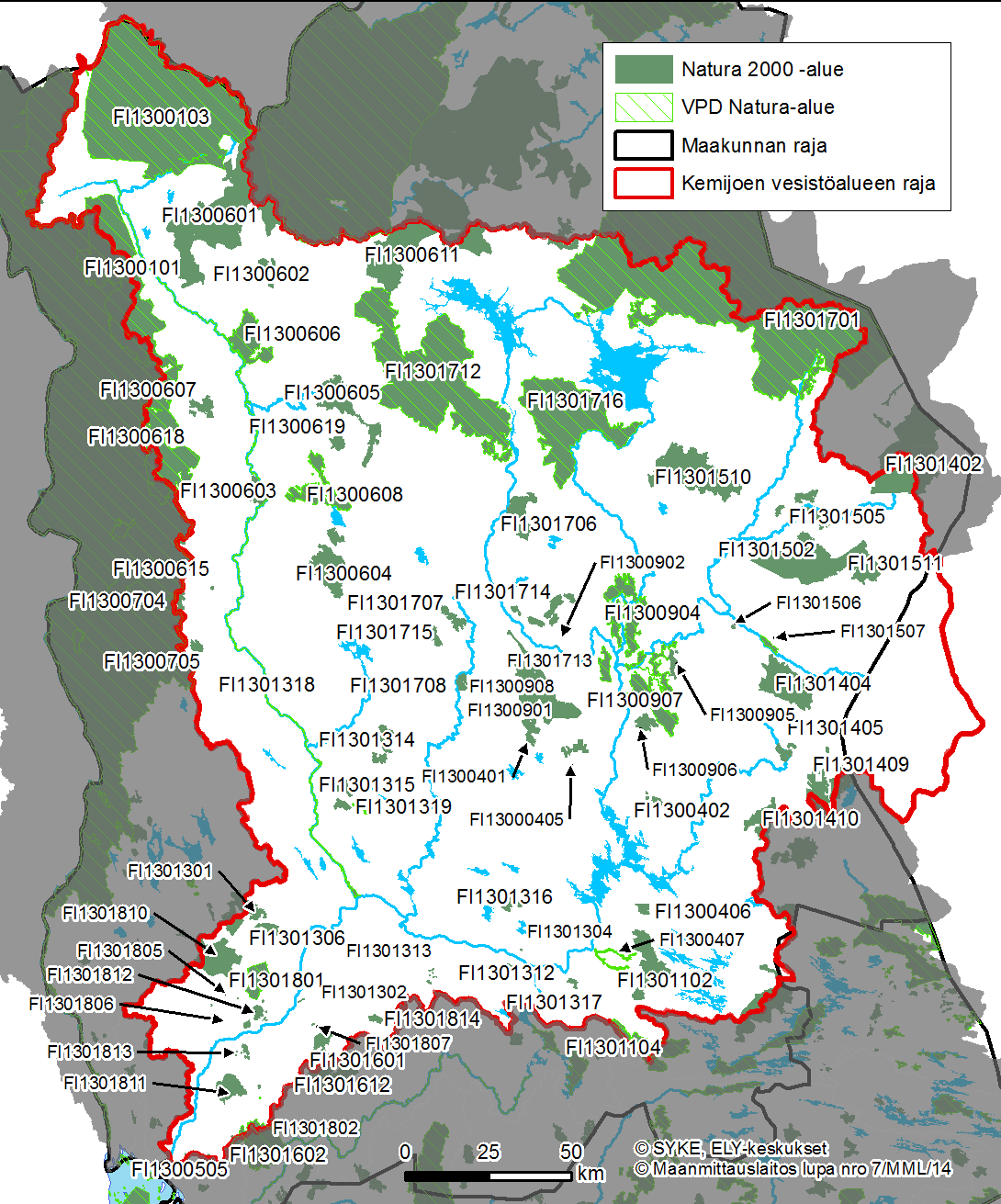 Kuva 6. Natura-alueiden sijoittuminen Kemijoen vesistöalueella (viivoituksella VPD Natura 2010 -alueet) 4.2 Hydrologia ja ilmastonmuutoksen vaikutukset 4.2.1 Hydrologia Kemijoen vesistö (65) jakautuu yhdeksään valuma-alueeseen (Kuva 7).