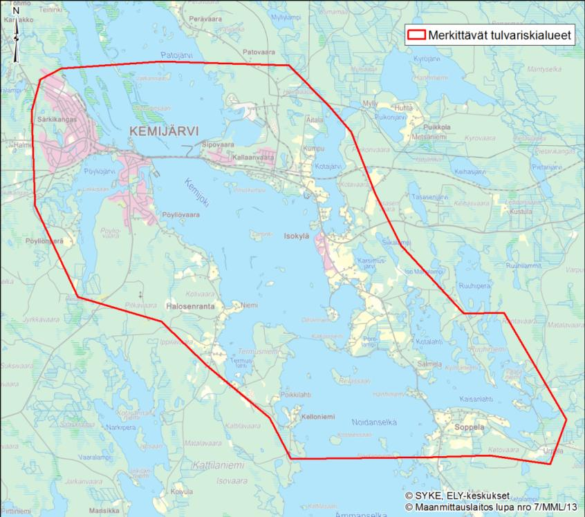 7.3 Kemijärven merkittävä tulvariskialue 7.3.1 Tulvavaara- ja riskikartat Kemijärven tulvavaarakartta kattaa alueen Kemijärven keskustasta Soppelaan (Kuva 19).
