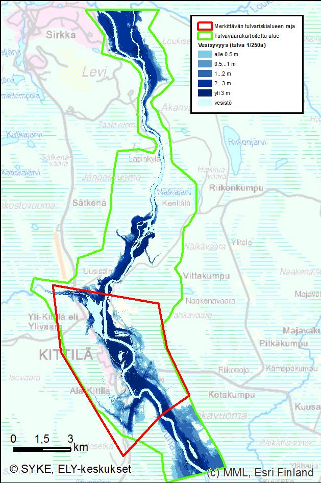7.4 Kittilän merkittävä tulvariskialue 7.4.1 Tulvavaara- ja riskikartat Kittilän tulvavaarakartta yltää Ala-Kittilästä Levin Sirkkaan asti (Kuva 21).