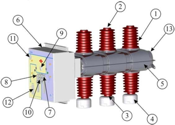 KOMPONENTTIEN TEKNISET OMINAISUUDET KUORMANEROTIN SD6/L 1 Eristin 2 Ylempi läpivientieristin 3 Alempi läpivientieristin 4 Sähköinen kentän ohjaus, vain 24kV 5 Runko ruostumatonta terästä 6