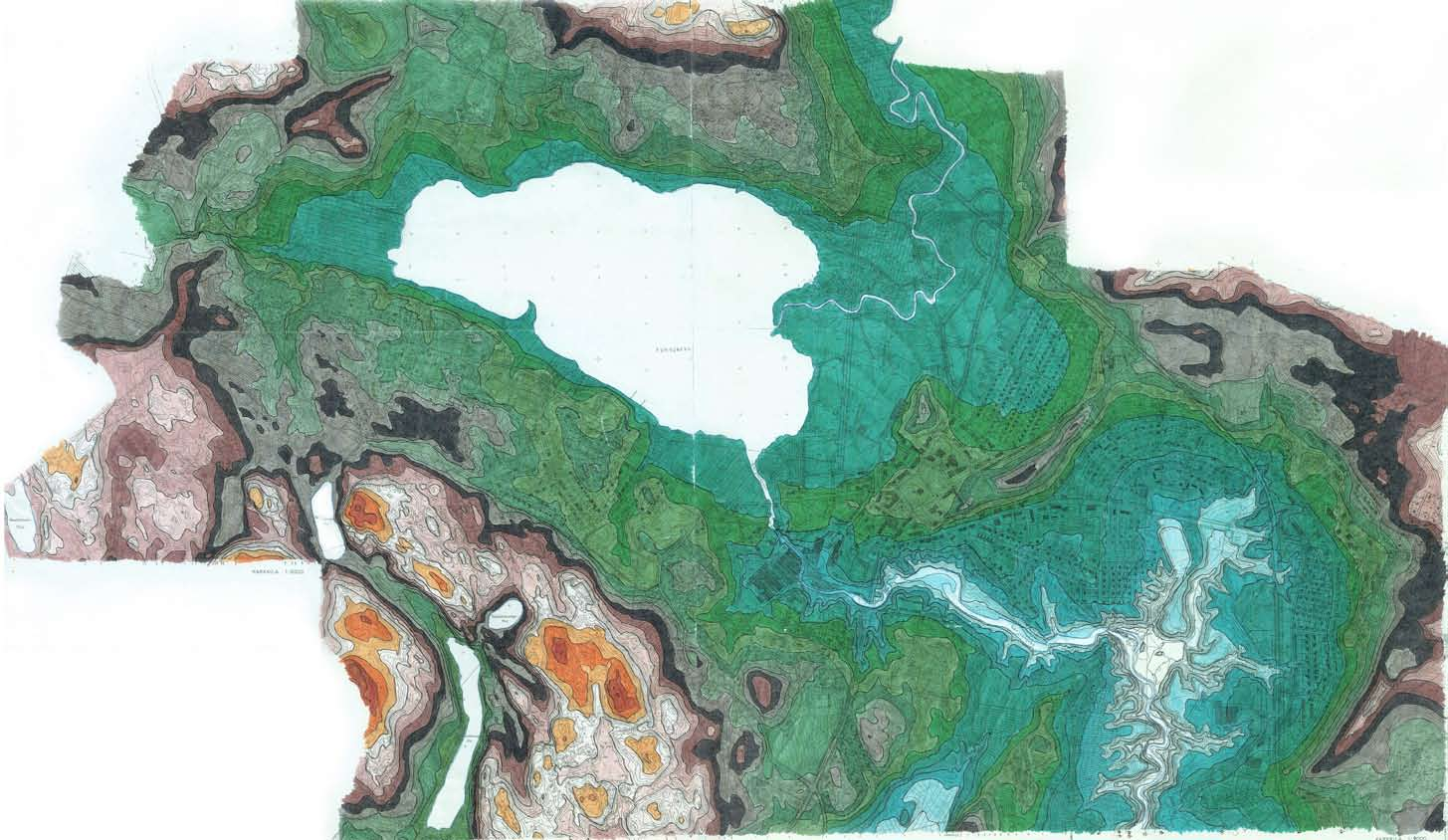 Pyhäjärven ympäristön korkeustasokartta. Pyhäjärvi (72,6 mpy) muodostaa oman laaksoalueensa.