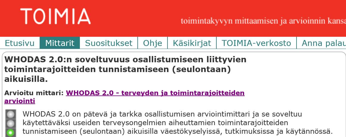 Toimintakyvynarvioinnin mittareita WHODAS-2 (World Health Organization Disability Assessment Schedule 2.