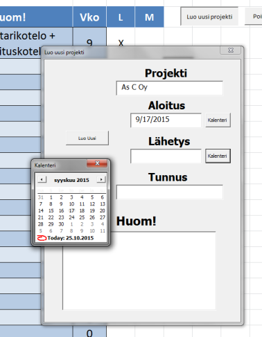 22 (25) Projektin luominen: Luo uusi projekti -painikkeesta avautuu uusi ikkuna, johon annetaan projektin nimi, aloitus- ja lähetyspäivämäärä, projektitunnus ja huomiot.
