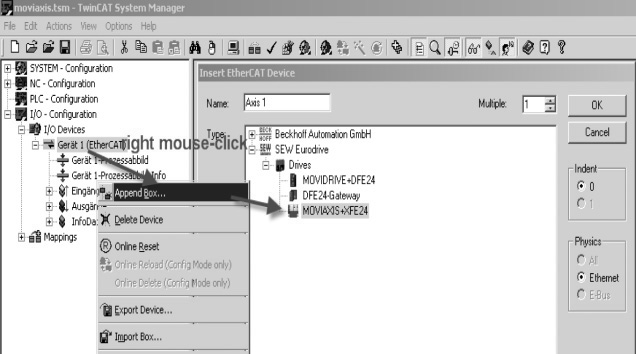 6 EtherCATin käyttöominaisuudet Taajuusmuuttajan MOVDRVE MDX61B ohjaus 6.1.1 Ohjausesimerkki TwinCATissa MOVDRVE MDX61B Kun tiedosto SEW_DFE24B.
