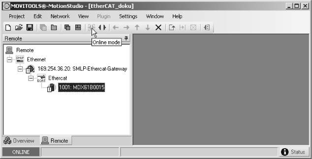 MOVTOOLS MotionStudio -ohjelman toiminta EtherCATin kautta Online-käytön aktivointi 8 8.9 Online-käytön aktivointi Suorita laitehaku (katso luku 8.7).