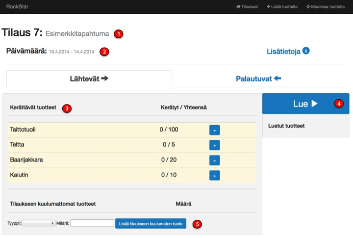 Tuotteiden lukeminen lähtevään tilaukseen Kuva 2. Lukunäkymä Lukunäkymän pääkomponentit näkyvät kuvassa 2. Ne ovat: 1. Tilauksen nimi 2. Tapahtuman ajankohta 3.