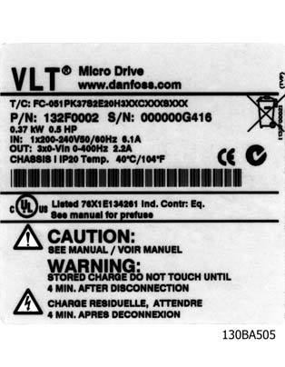 VLT Micro Drive -taajuusmuuttaja FC 51 2. Johdanto 2. Johdanto 2.1.1. Taaj.muuttajan tunnistus Alla on esimerkki tunnistetarrasta.