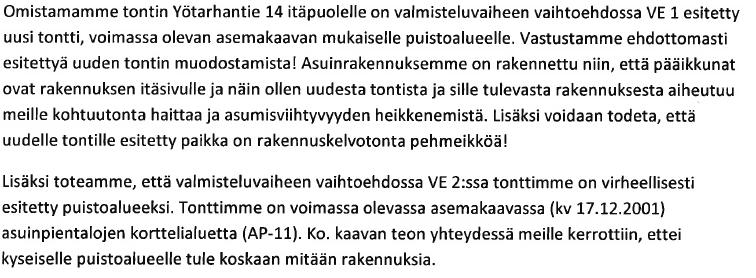 9 tää keskeneräiseksi jäänyttä aluetta jatkamalla alkuperäistä, pienimittakaavaista, omakotivaltaista asuinaluetta. Mielipide 3, Yötarhantien asukas. 26.5.