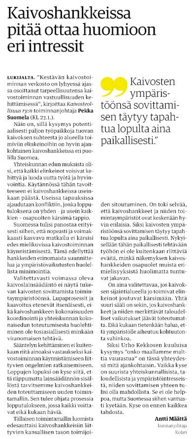 KL 27.1.2017 - poimintoja - Yhteiskunnan edun mukaista olisi, että kaikki elinkeinot voisivat kehittyä ja luoda uutta työtä ja hyvinvointia.