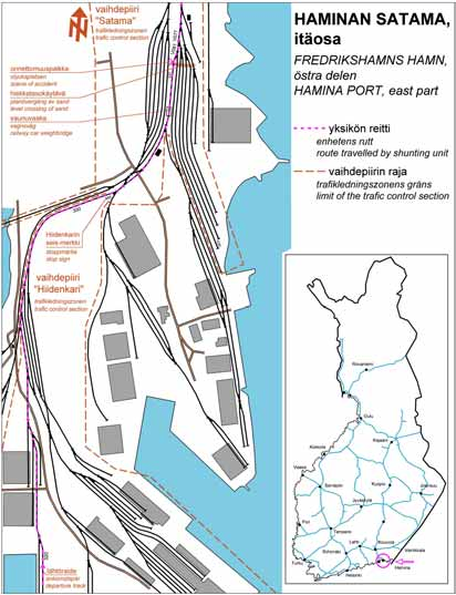 Kuva 1. Vaihtotyöyksikön kulkureitti ja onnettomuuspaikka. Bild 1. Den väg som växlingsenheten gick samt olycksplatsen. Figure 1. Travelling route of shunting unit and scene of accident.