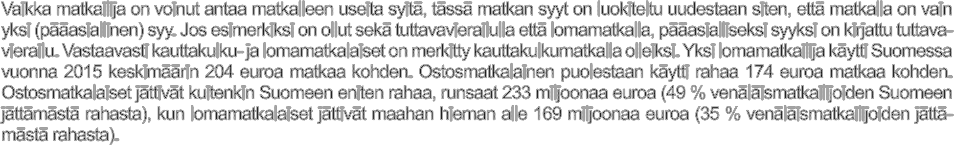19 Rahan käyttö matkan tarkoituksen mukaan Venäläismatkailijoiden Suomeen jättämästä rahasta 49 % tuli ostosmatkailijoilta yhteensä (vasen akseli)