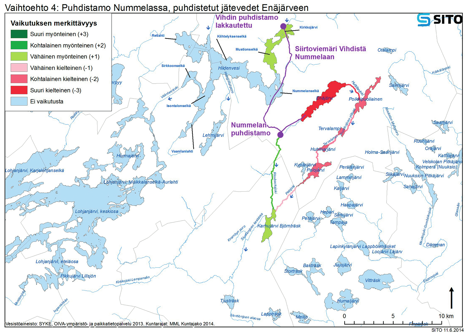 Taulukko 23. Esimerkki kasvillisuuteen ja eläimistöön kohdistuvien vaikutusten esittämisestä vaikutusluvun alkuun sijoitetun koontitaulukon avulla (Helsingin Energia 2015, sivu 258).