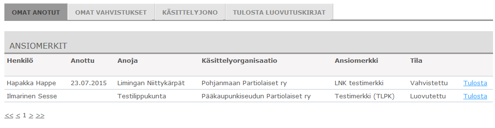 OMAT ANOTUT Hakemasi ansiomerkit näkyvät listana omat anotut välilehdellä.