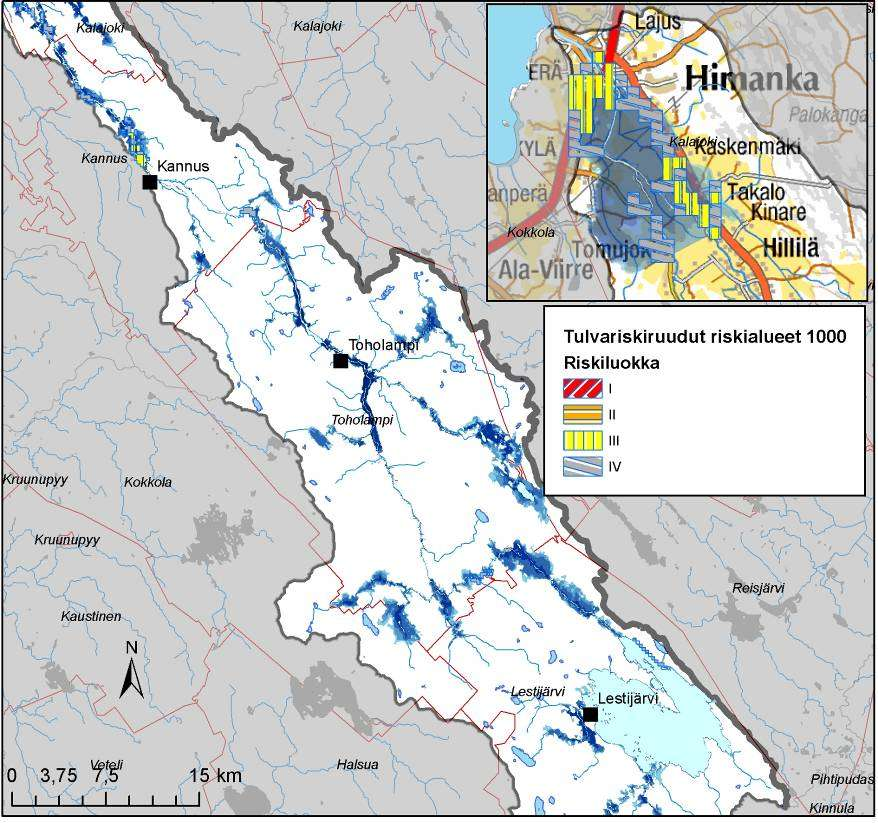 Kuva 16. Lestijoen alaosan tulvavaarakartoituksen ja karkean tason tulvamallinnuksen tulva-alueilla (1/1000 vuotta) olevat tulvariskiruudut ja alueet. Riskiluokat on selvitetty kappaleessa 5.