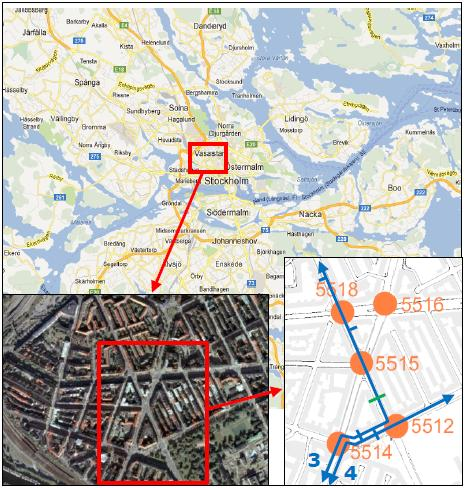 66 Kuva 37. ImFlow järjestelmän toiminta-alue Tukholmassa. (Wahlstedt 2013) Kuva 37 esittää tarkasteltavan alueen ja sen käsittämät viisi valoliittymää Tukholman keskustassa.