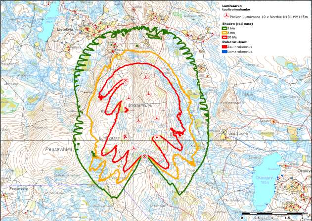 Prokon Lumivaaran tuulivoimapuisto VAIKUTUKSET IHMISTEN ELINOLOIHIN JA VIIHTYVYYTEEN PROKON Wind Energy Finland Oy Varjostusmallinnuksen mukaan varjostusta aiheutuisi viereisen Natura 2000-alueen