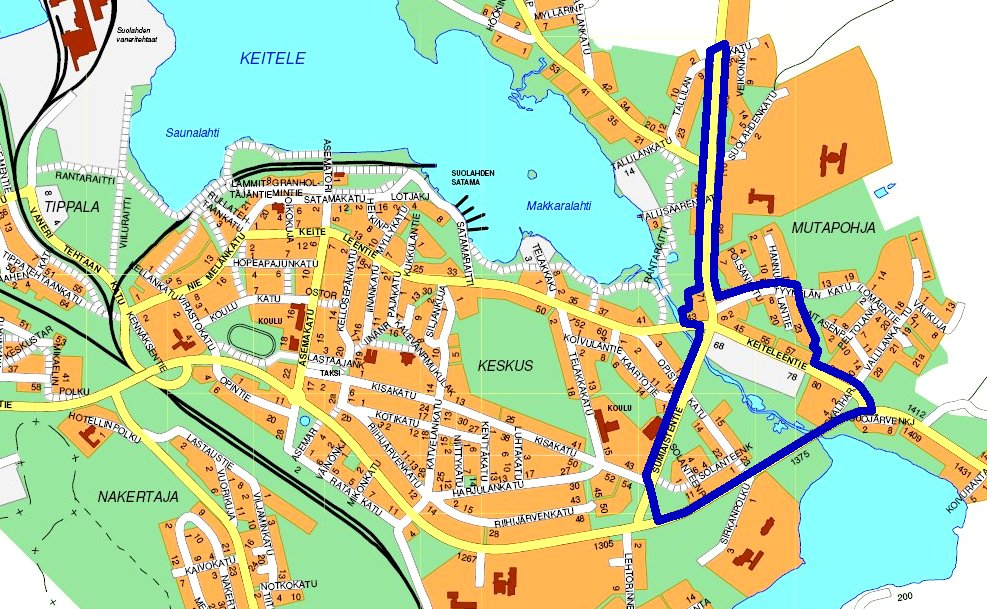 KUVA Suunnittelualueen rajaus (Opaskartta Äänekosken kaupunki) ÄÄNEKOSKI