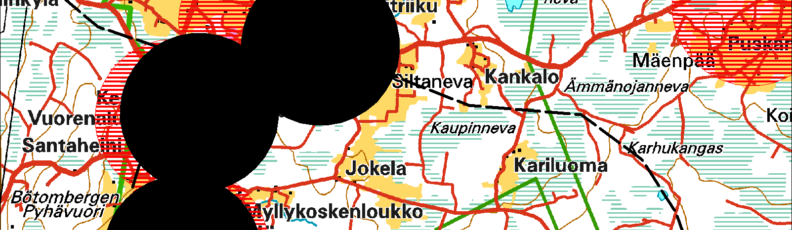 Nämä alueet on merkitty karttaan mustalla ympyrällä tai ympyräryhmällä. Näille alueille rakennettu verkko ja sen rakentamiskustannukset eivät ole miltään osin tukikelpoisia.