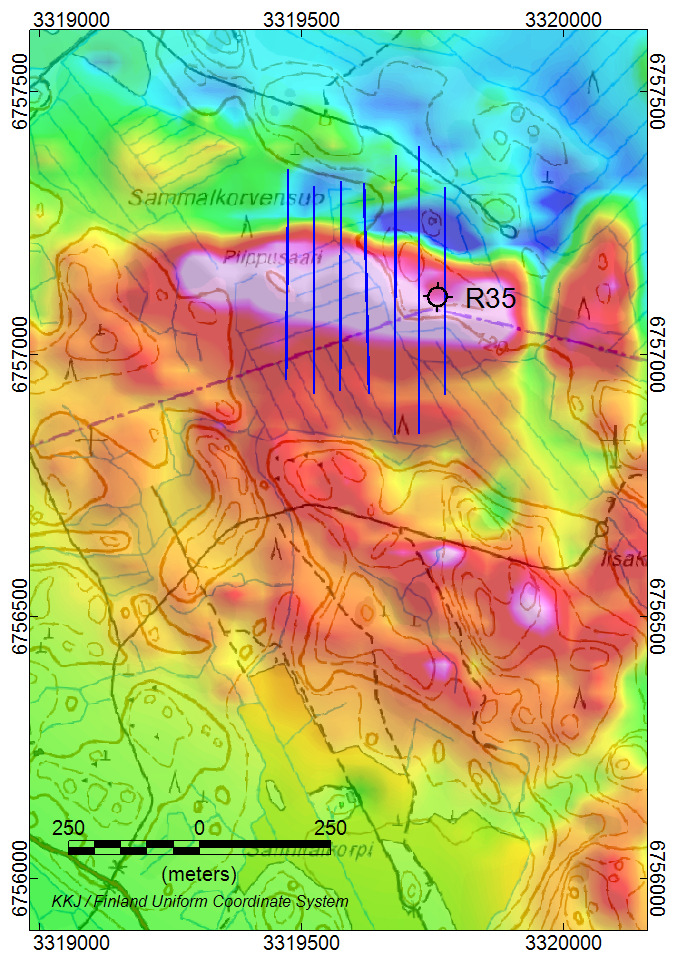 GEOLOGIAN TUTKIMUSKESKUS 137/2015 11 Kuva 10. Kairareiän L4222014R35 sijoittuminen magneettisella kartalla.