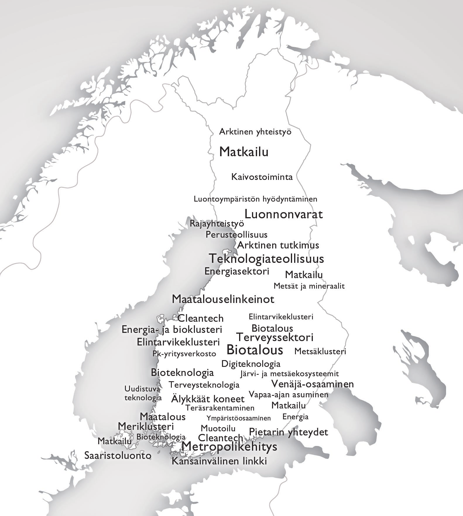 Kuva 6. Esimerkkejä alueiden vahvuuksista maakuntaohjelmiin ja toimialajakaumaan perustuen. Alueiden vahvuudet perustuvat mm.